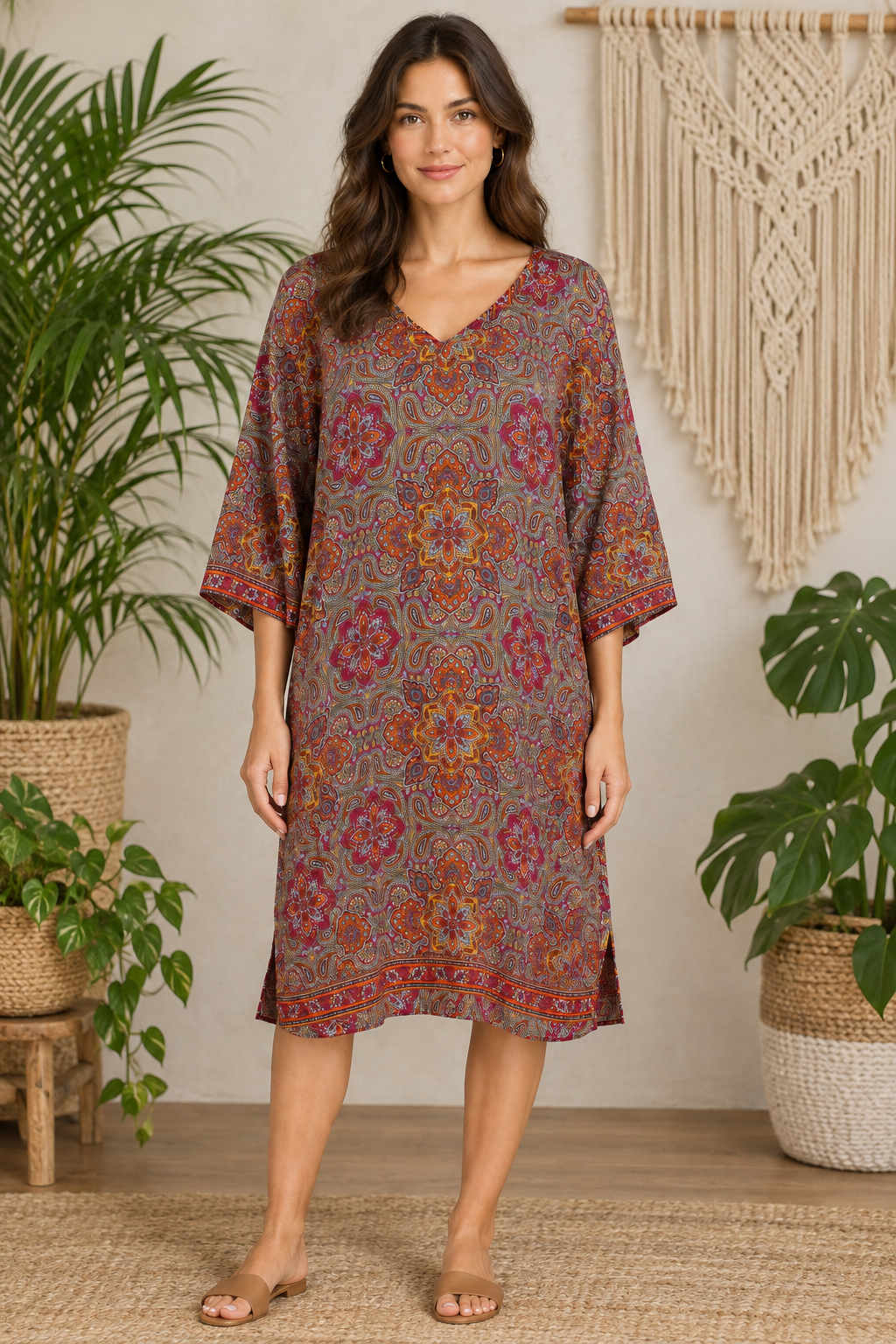 Boho Tunika Taupe und Bordeaux im Boho-Ambiente