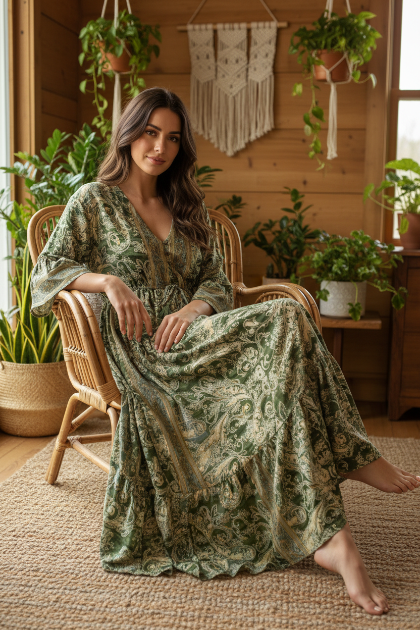 Boho Maxi Kleid Olive Gold Paisley – Sitzbild Boho