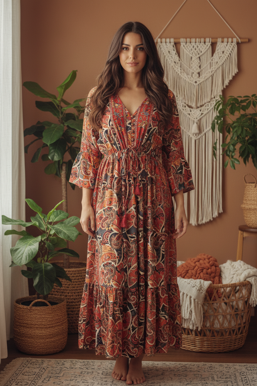 Boho Maxi Kleid Rot Anthrazit Paisley – Boho Stehend