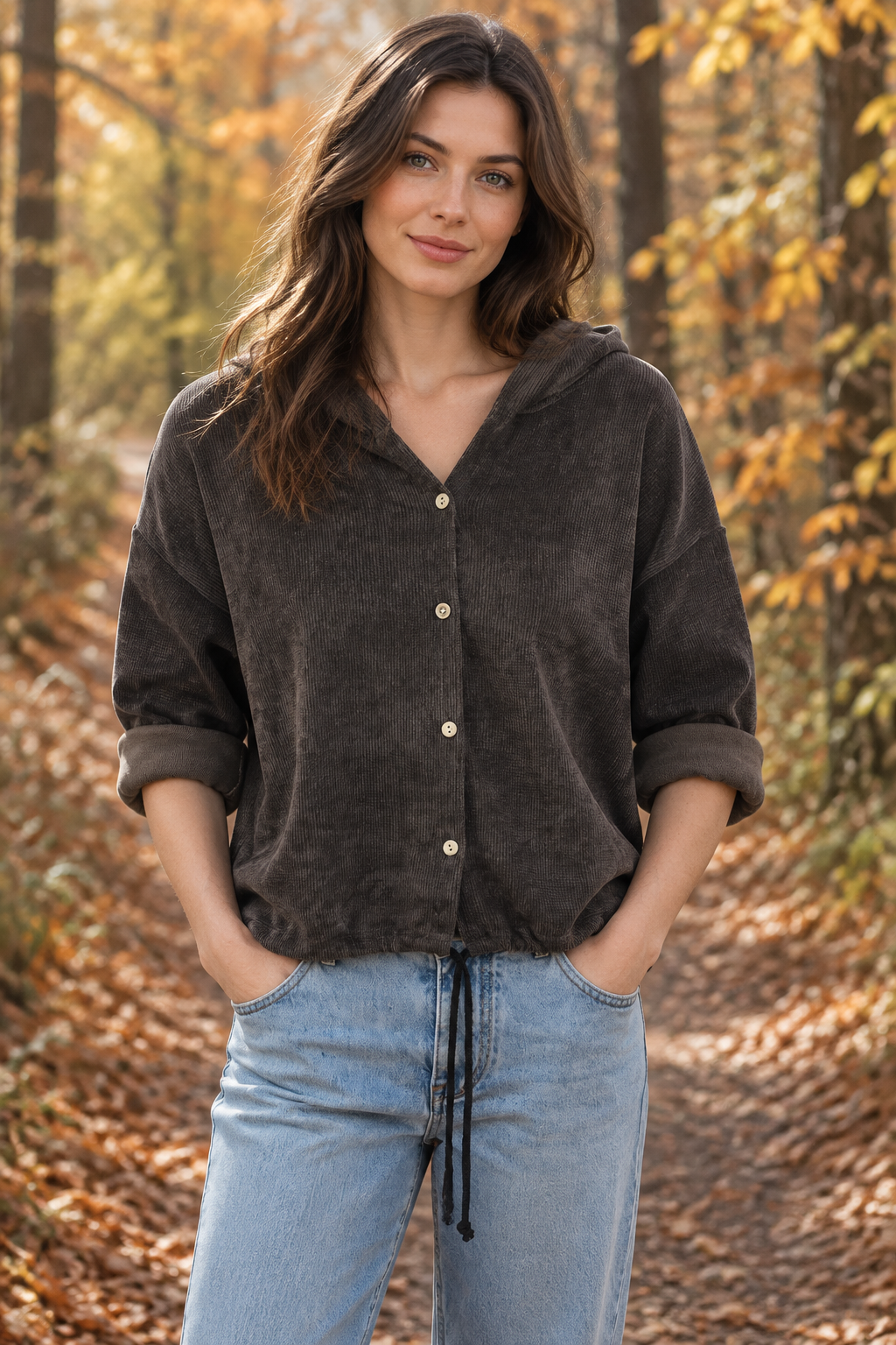 Dunkelbrauner Cord-Hoodie auf herbstlichem Waldweg