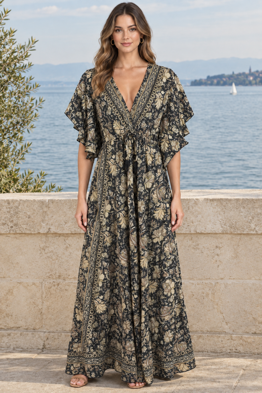 Boho Maxikleid Schwarz Taupe vor Steinwand