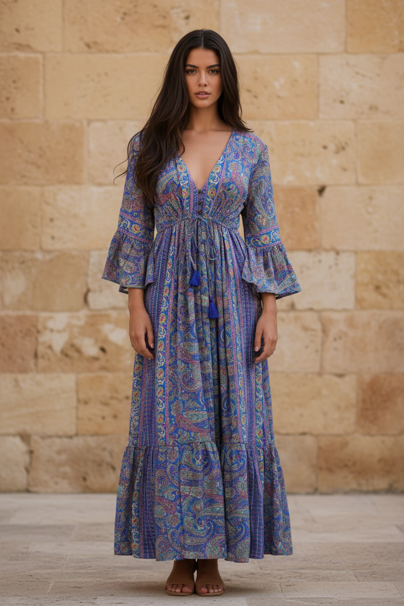 Boho Maxi Kleid Blau Lila Paisley – Steinwand