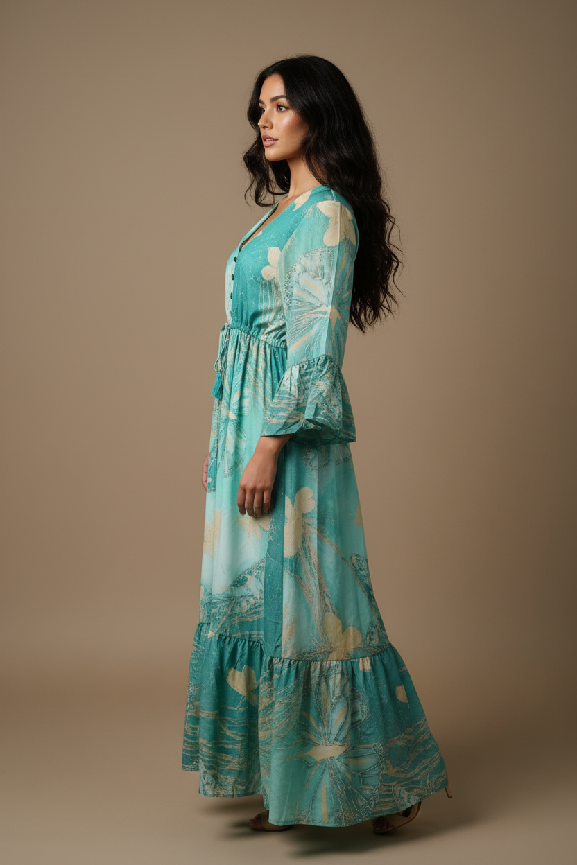 Boho Maxi Kleid Türkis Aqua Schmetterling – Seitenansicht
