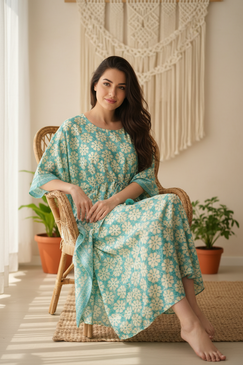 Boho Kaftan Türkis Mint Blumen-Print – Sitzbild