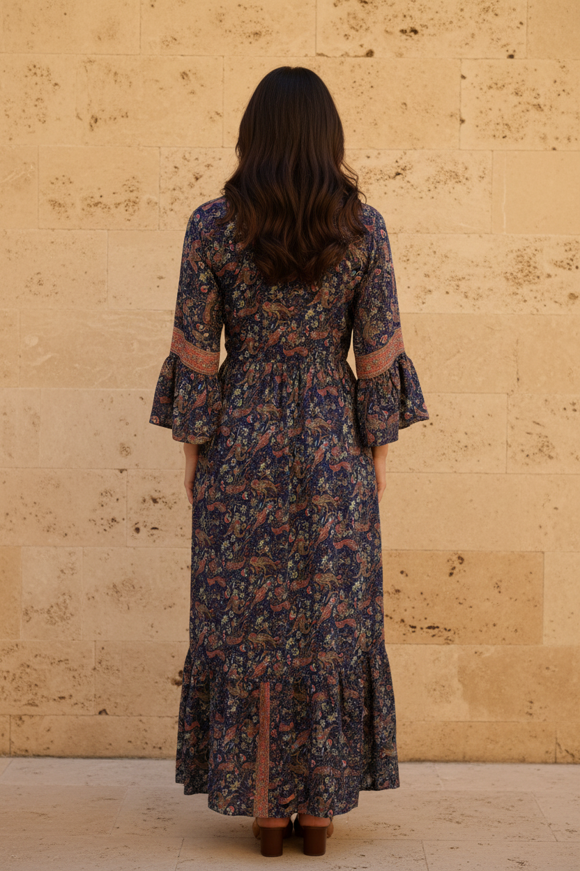 Boho Maxi Kleid Blau Bordeaux – Rückseite Steinwand
