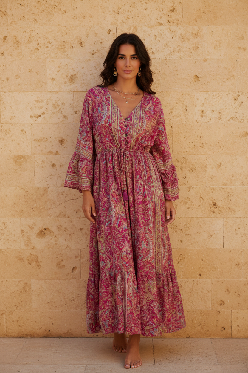 Boho Maxi Kleid Pink Paisley – Steinwand Stehend