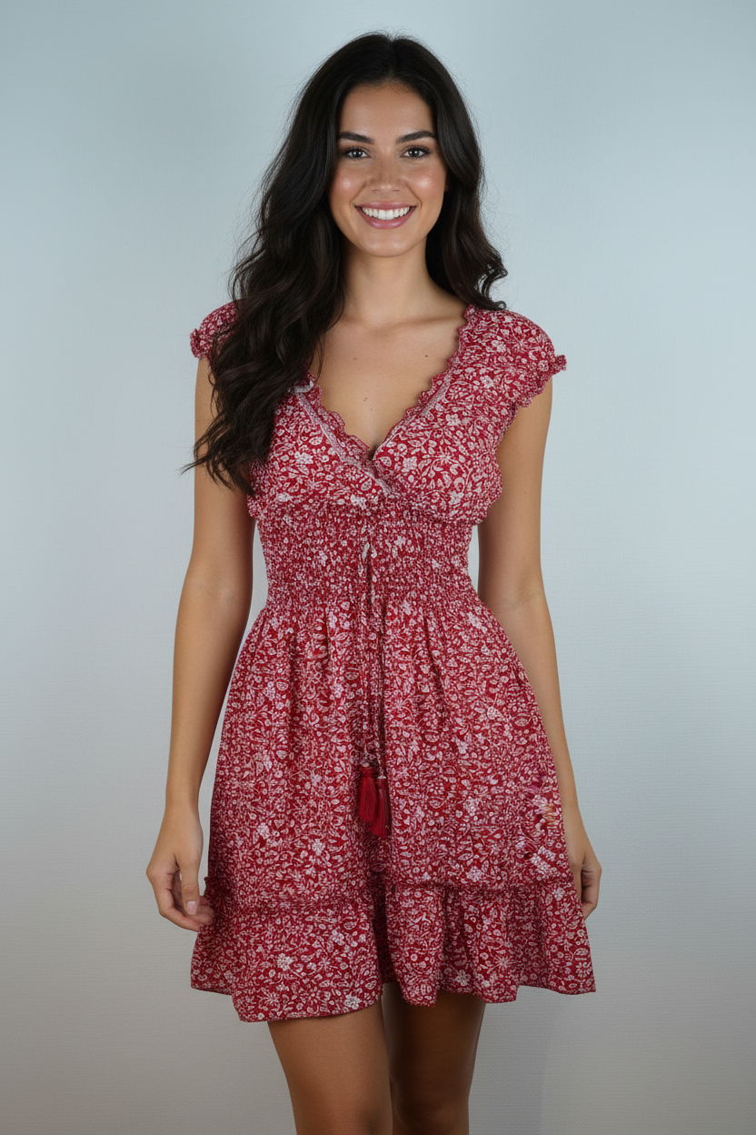 Sommerkleid Boho Rot Blumenprint vorne