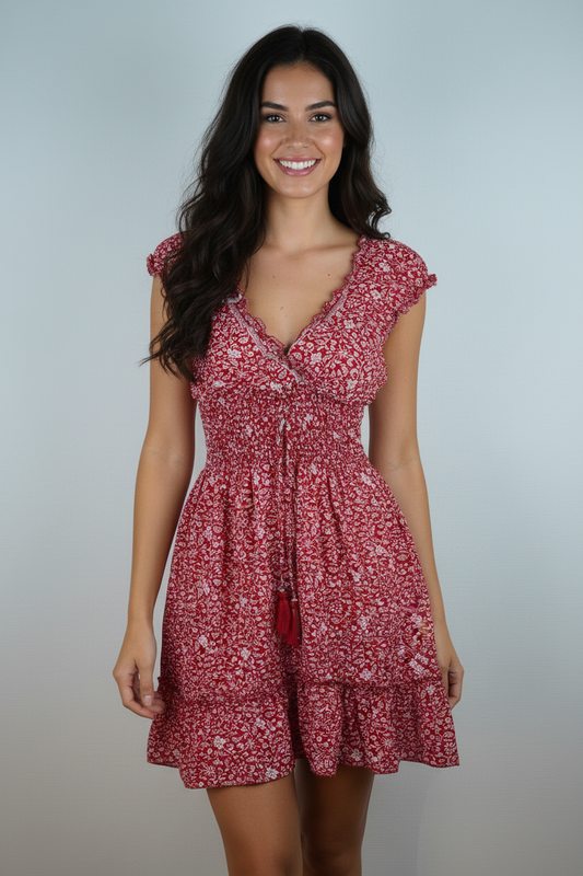Sommerkleid Boho Rot Blumenprint vorne