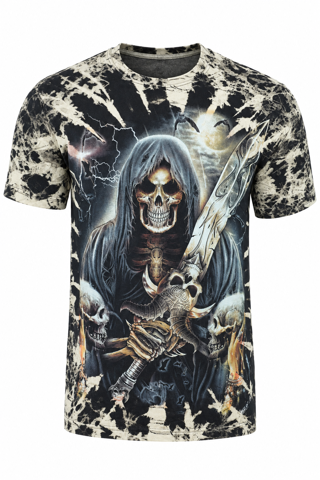 Skull Warrior Tie-Dye T-Shirt in Schwarz-Beige mit Schwert und Totenkopf-Motiv