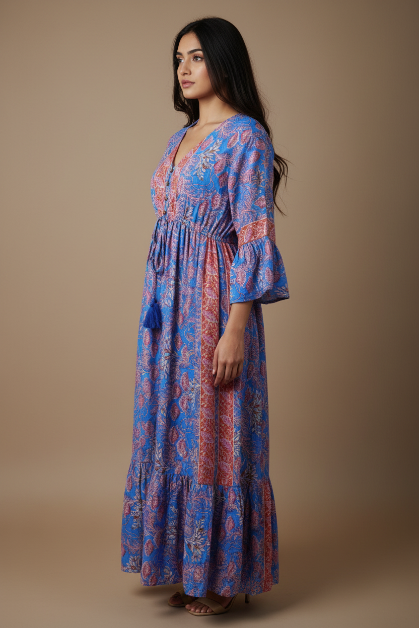 Boho Maxi Kleid Blau Pink Blockprint – Seitenansicht
