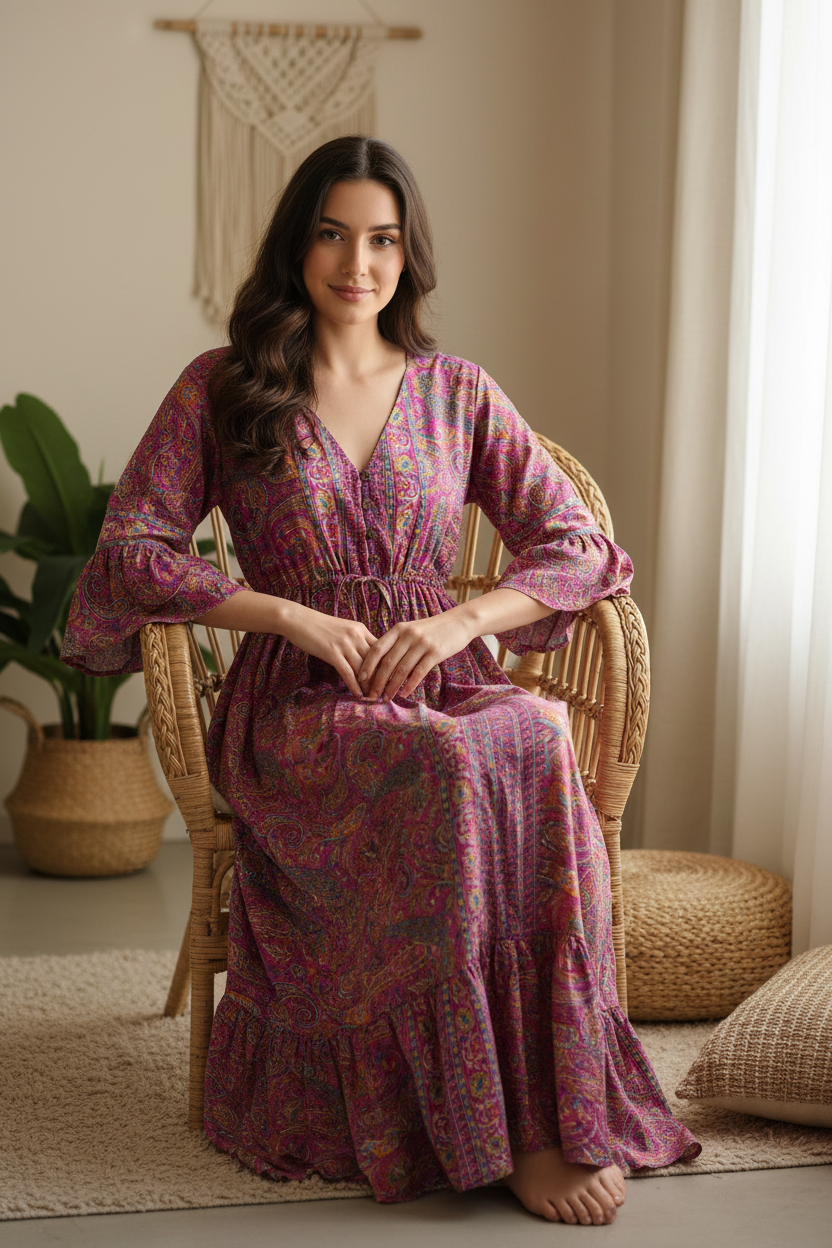 Boho Maxi Kleid Magenta Lila Paisley – Sitzbild