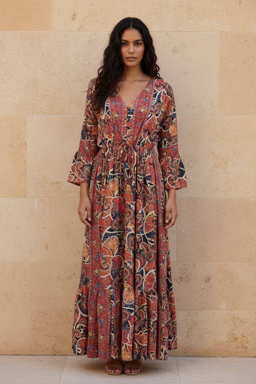 Boho Maxi Kleid Altrosa Dunkelblau Paisley – Steinwand