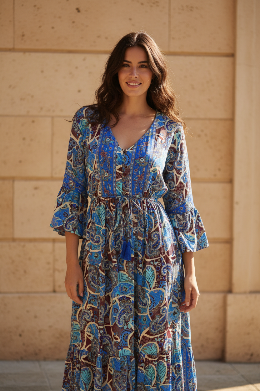 Boho Maxi Kleid Kobaltblau Bordeaux Paisley – Steinwand Stehend