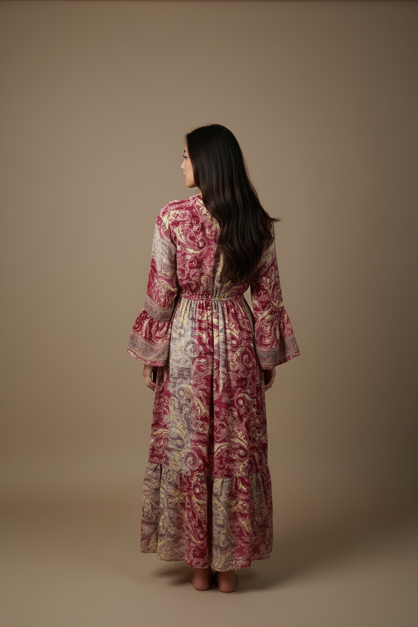 Boho Maxi Kleid Bordeaux Creme Baroque Paisley – Rückseite