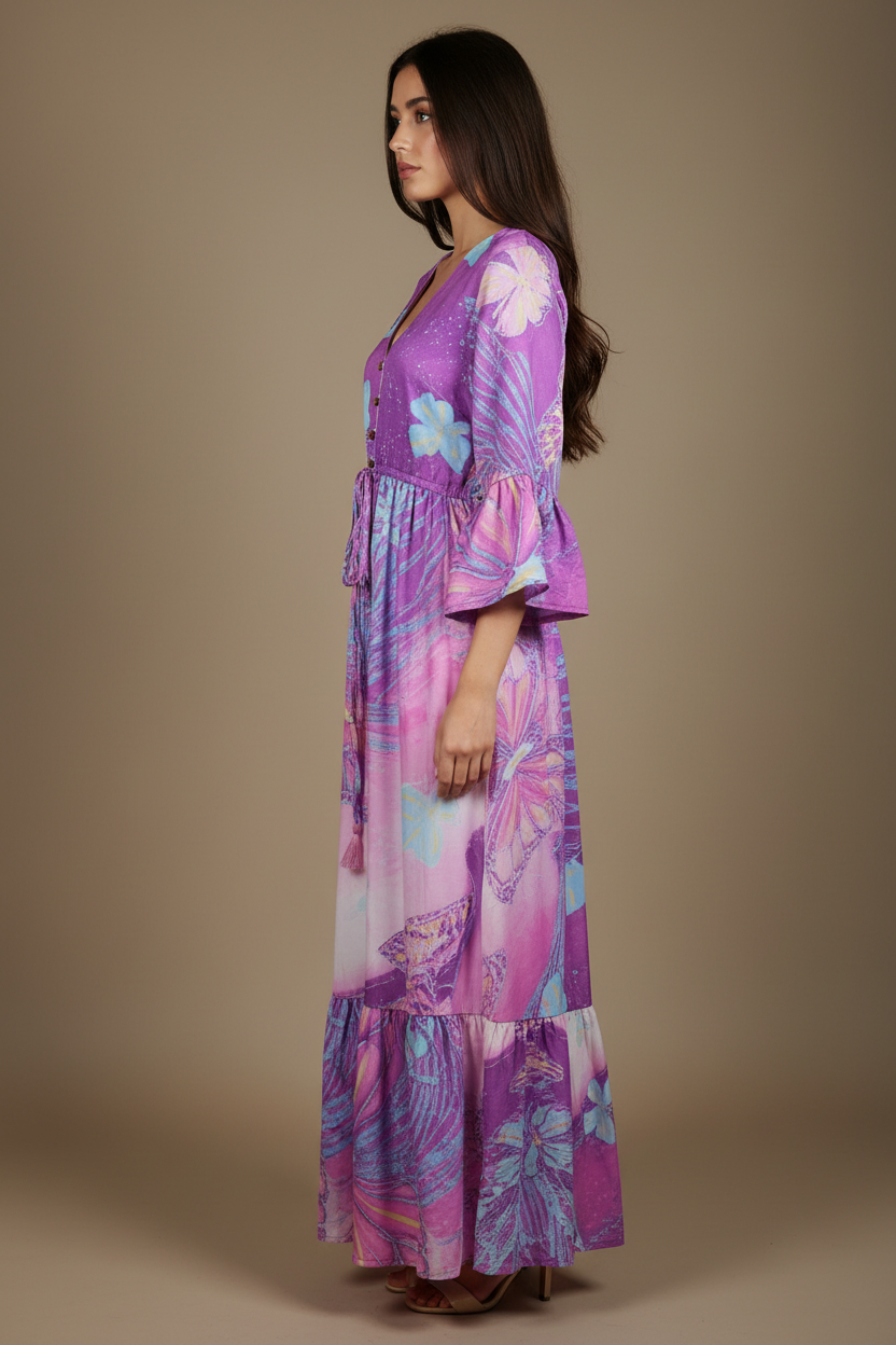 Boho Maxi Kleid Lila Pink Schmetterling – Seitenansicht
