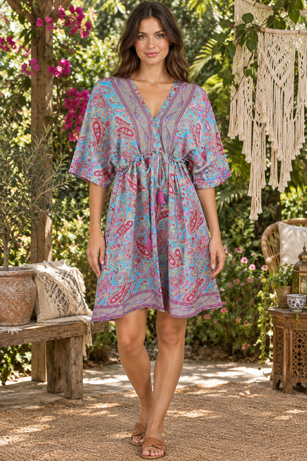 Boho Tunika in Aqua und Pink im Boho-Ambiente