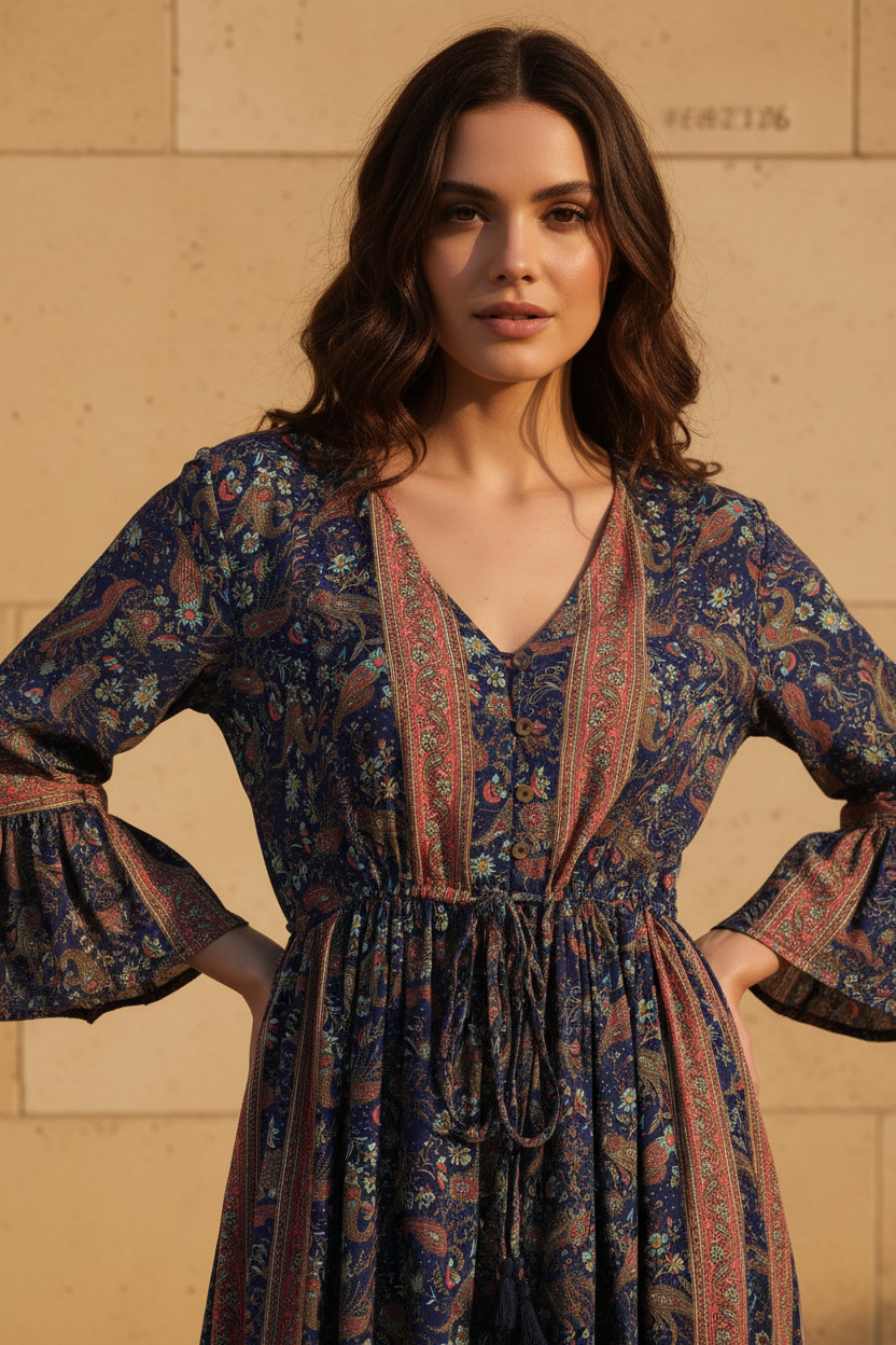 Boho Maxi Kleid Blau Bordeaux – Detailbild Ausschnitt