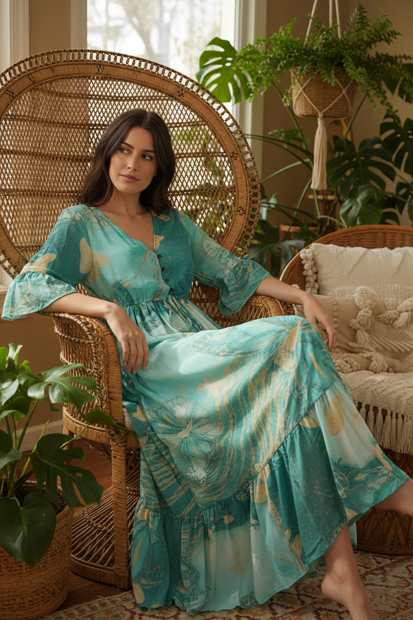 Boho Maxi Kleid Türkis – Sitzbild Boho