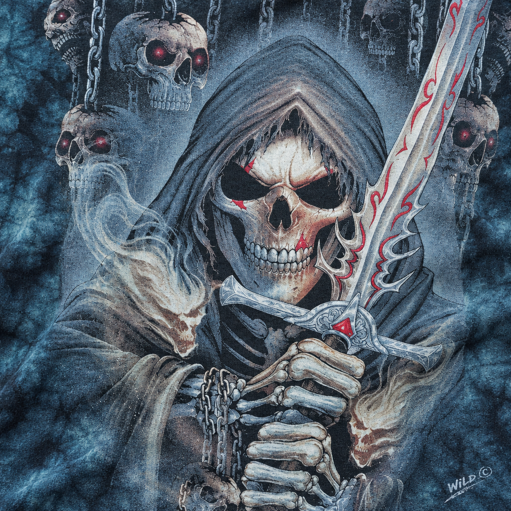 Detailaufnahme von Skull Warrior, rotem Schwert und Baumwollstoff