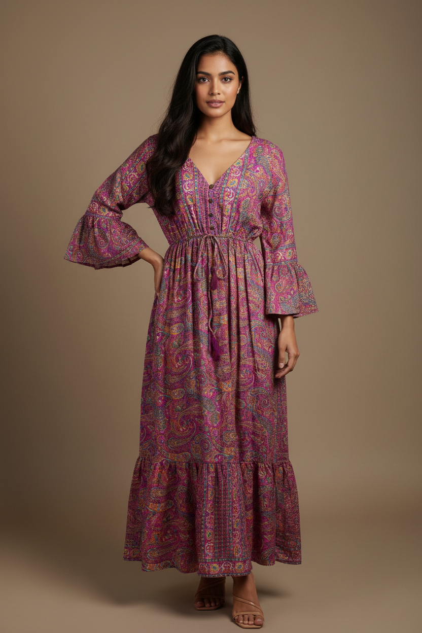Boho Maxi Kleid Magenta Lila Paisley – Studio Hauptbild