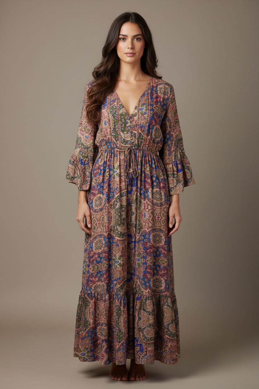 Boho Maxi Kleid Bordeaux Blau Patchwork – Studio Hauptbild
