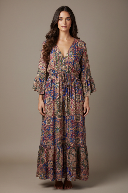Boho Maxi Kleid Bordeaux Blau Patchwork – Studio Hauptbild