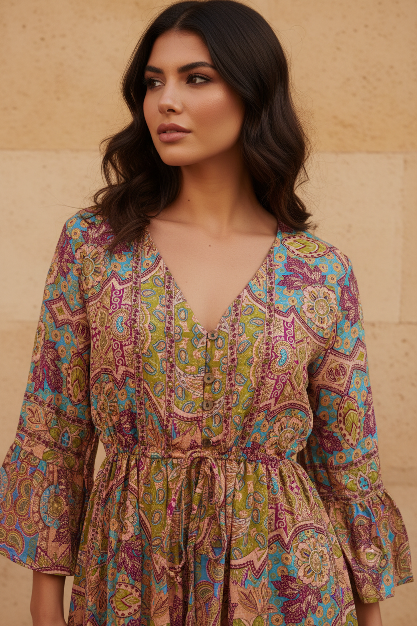 Boho Maxi Kleid Peach Türkis Patchwork – Detailbild Ausschnitt