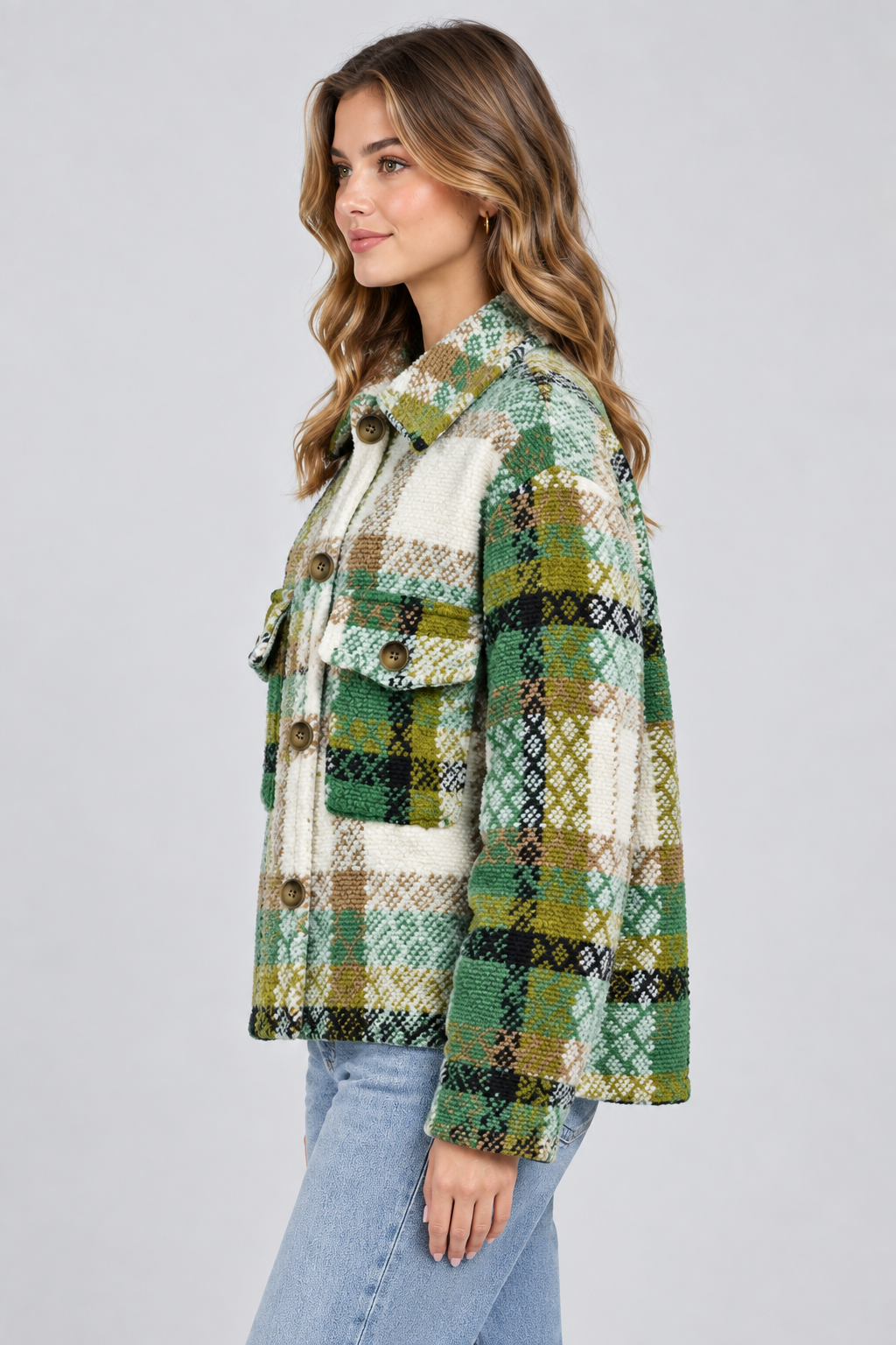 Karierte Oversize Jacke Shacket Grün-Mix – Seitenansicht