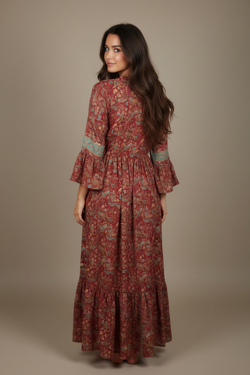 Boho Maxi Kleid Bordeaux Paisley – Rückseite