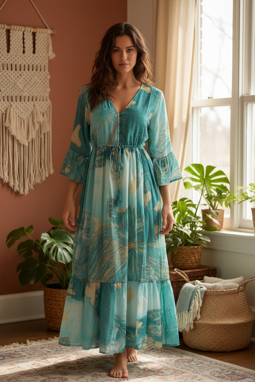 Boho Maxi Kleid Türkis – Boho Stehend