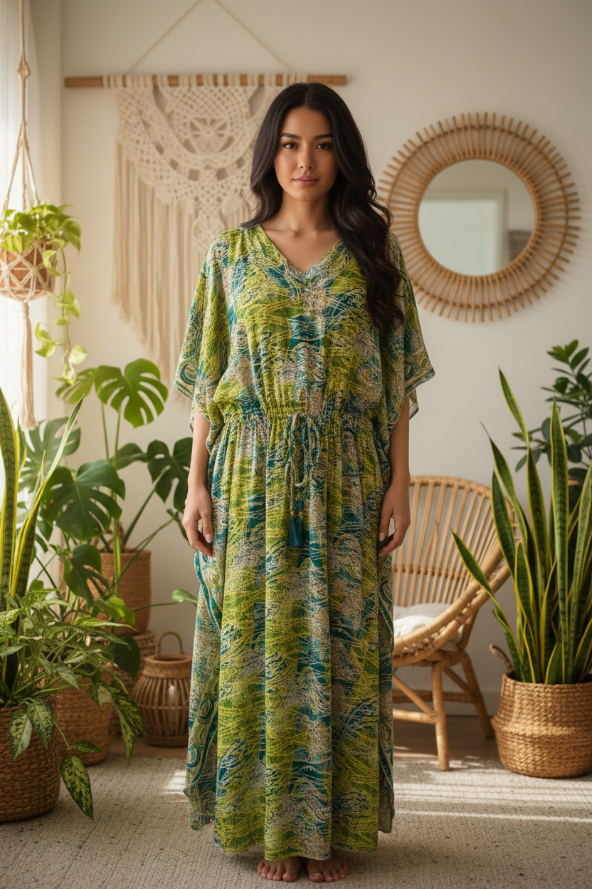 Boho Kaftan Grün Türkis Feder-Print – Boho Stehend
