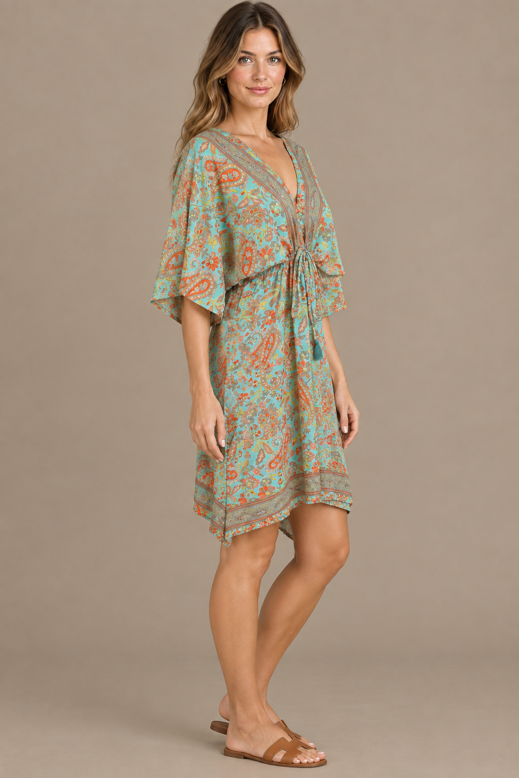 Boho Tunika in Mintgrün und Koralle – Seitenansicht