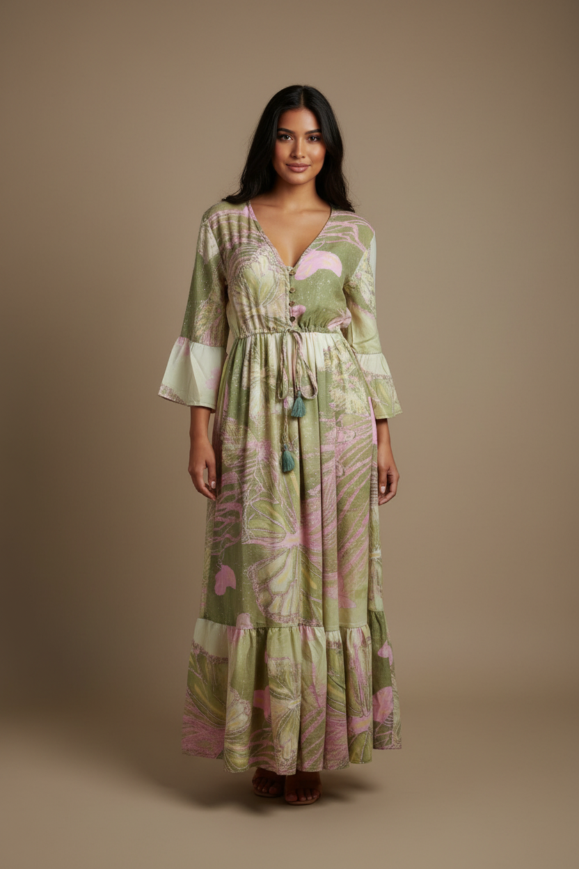 Boho Maxi Kleid Olive Pink Schmetterling – Studio Hauptbild