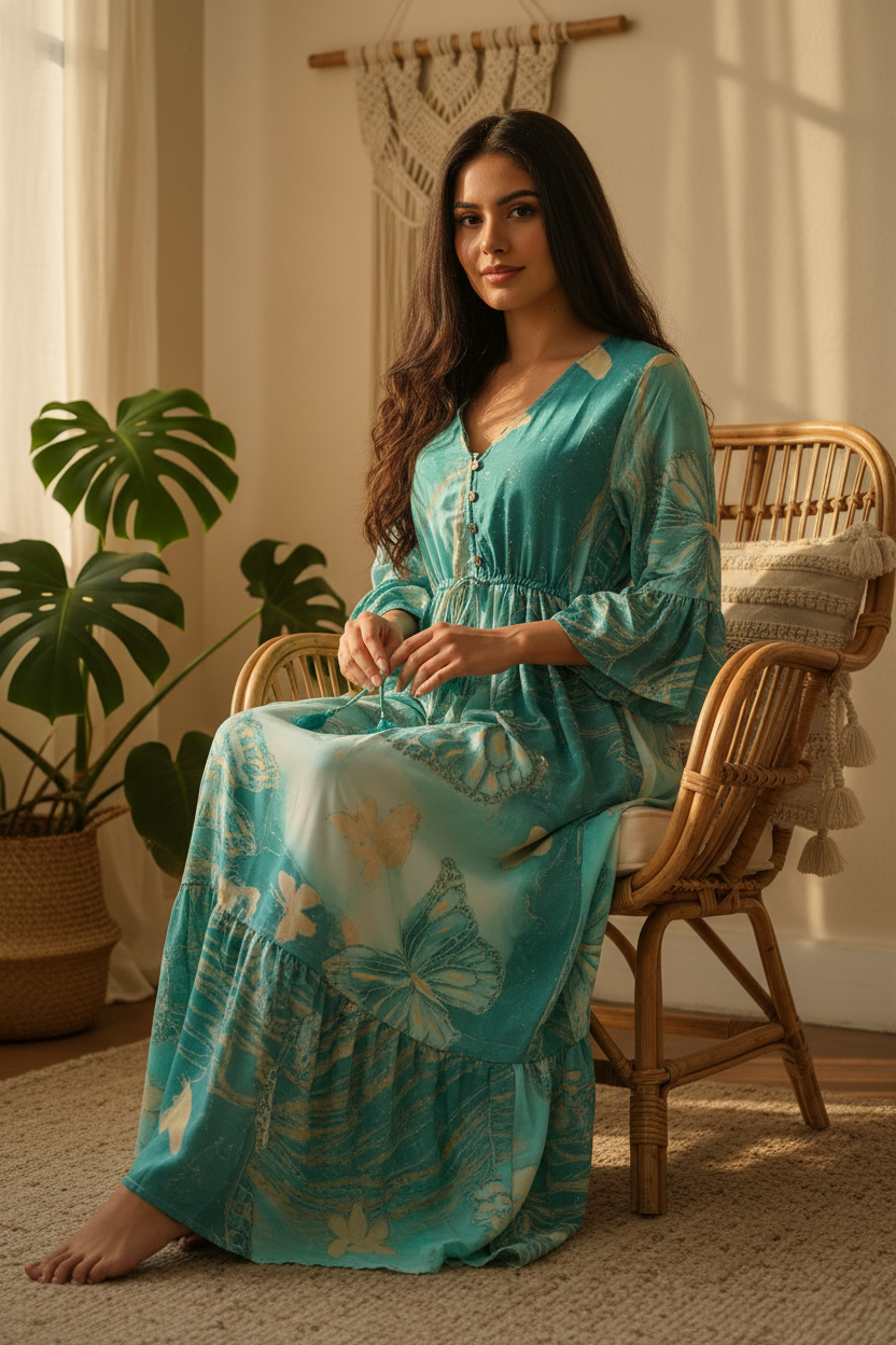 Boho Maxi Kleid Türkis Aqua Schmetterling – Sitzbild