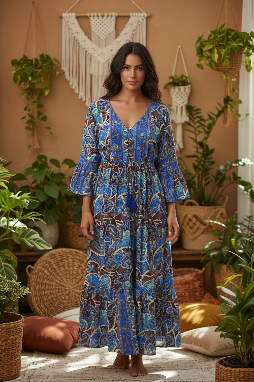 Boho Maxi Kleid Kobaltblau Bordeaux Paisley – Boho Stehend