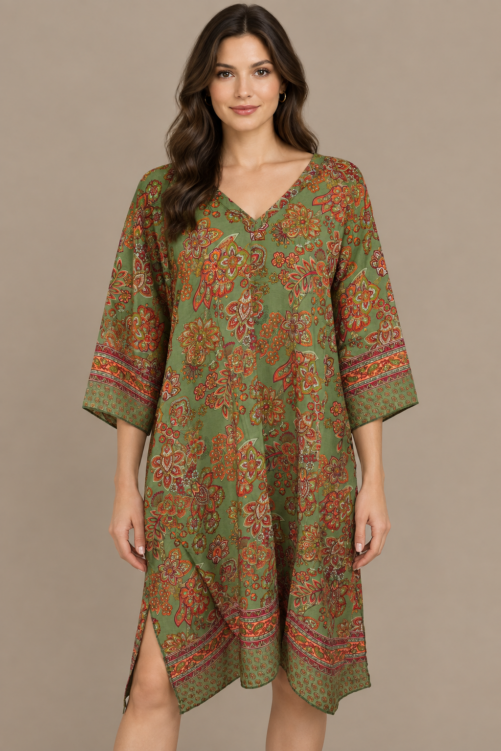 Boho Tunika Olivgrün, Rost und Koralle – Studio Vorderansicht