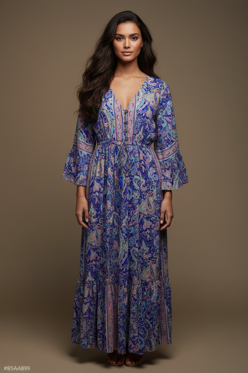 Boho Maxi Kleid Royal-Blau Paisley – Studio Hauptbild
