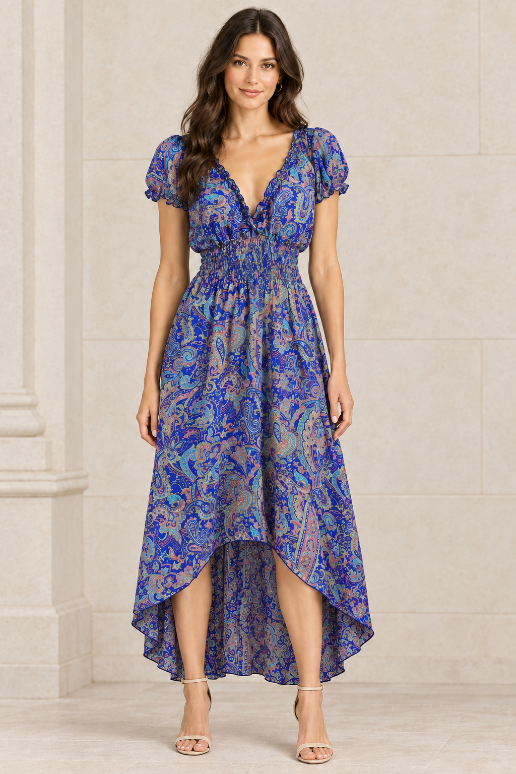 Boho Kleid Paisley-Mix – Vorderansicht an heller Steinwand