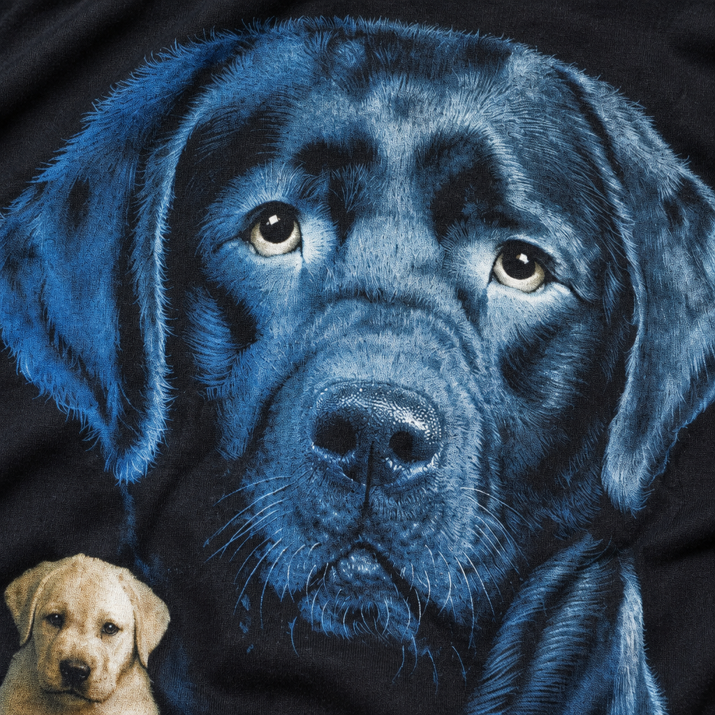 Detailaufnahme von Labradoraugen, Nase, blau-schwarzem Fell und Baumwollstoff