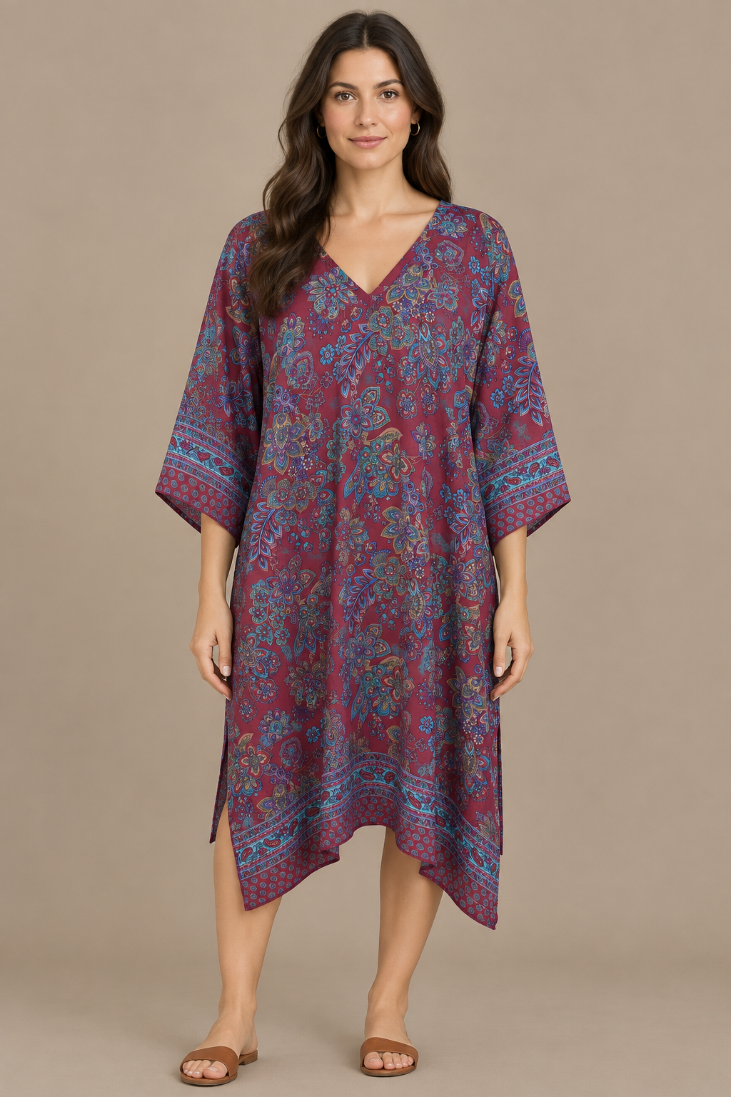 Boho Tunika Bordeaux, Türkis und Violett – Studio Vorderansicht