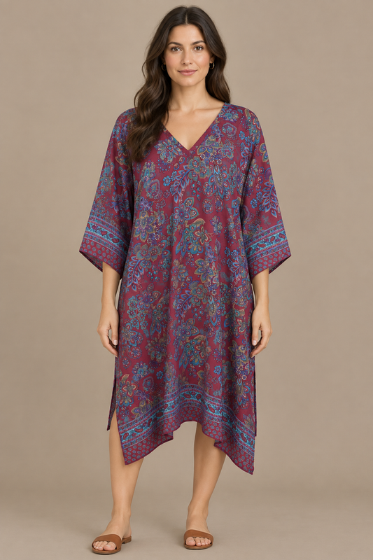 Boho Tunika Bordeaux, Türkis und Violett – Studio Vorderansicht