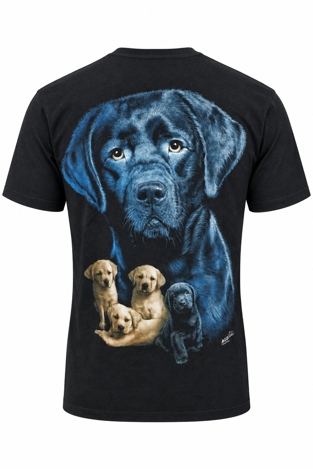 Rückseite des Black Labrador Family T-Shirts mit großem Hund und Welpen