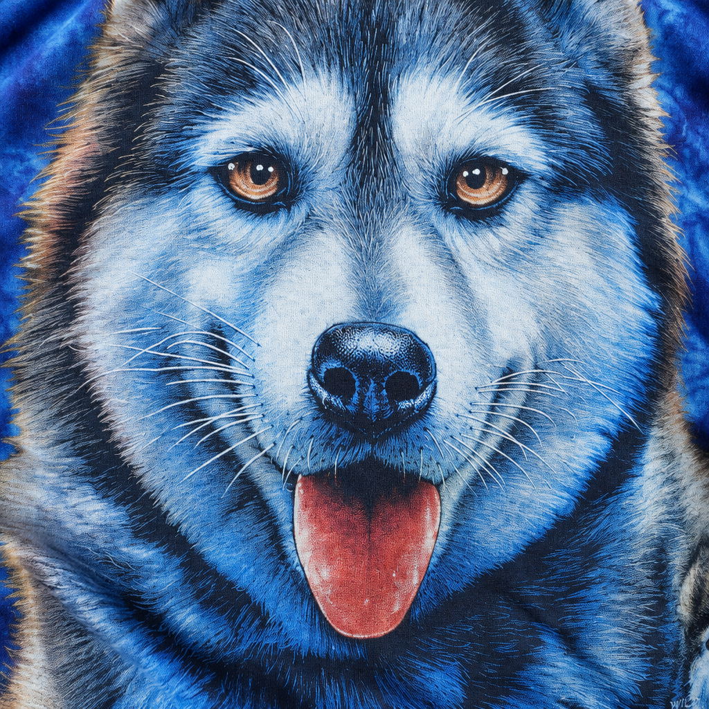 Detailaufnahme von Huskyaugen, Nase, Fell und blauem Tie-Dye-Baumwollstoff