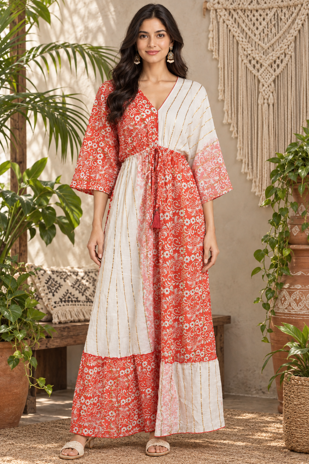 Boho Maxikleid Korallrot Rosa Creme im Boho-Ambiente