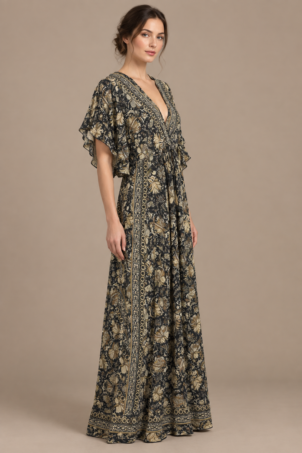 Boho Maxikleid Schwarz Taupe – Seitenansicht