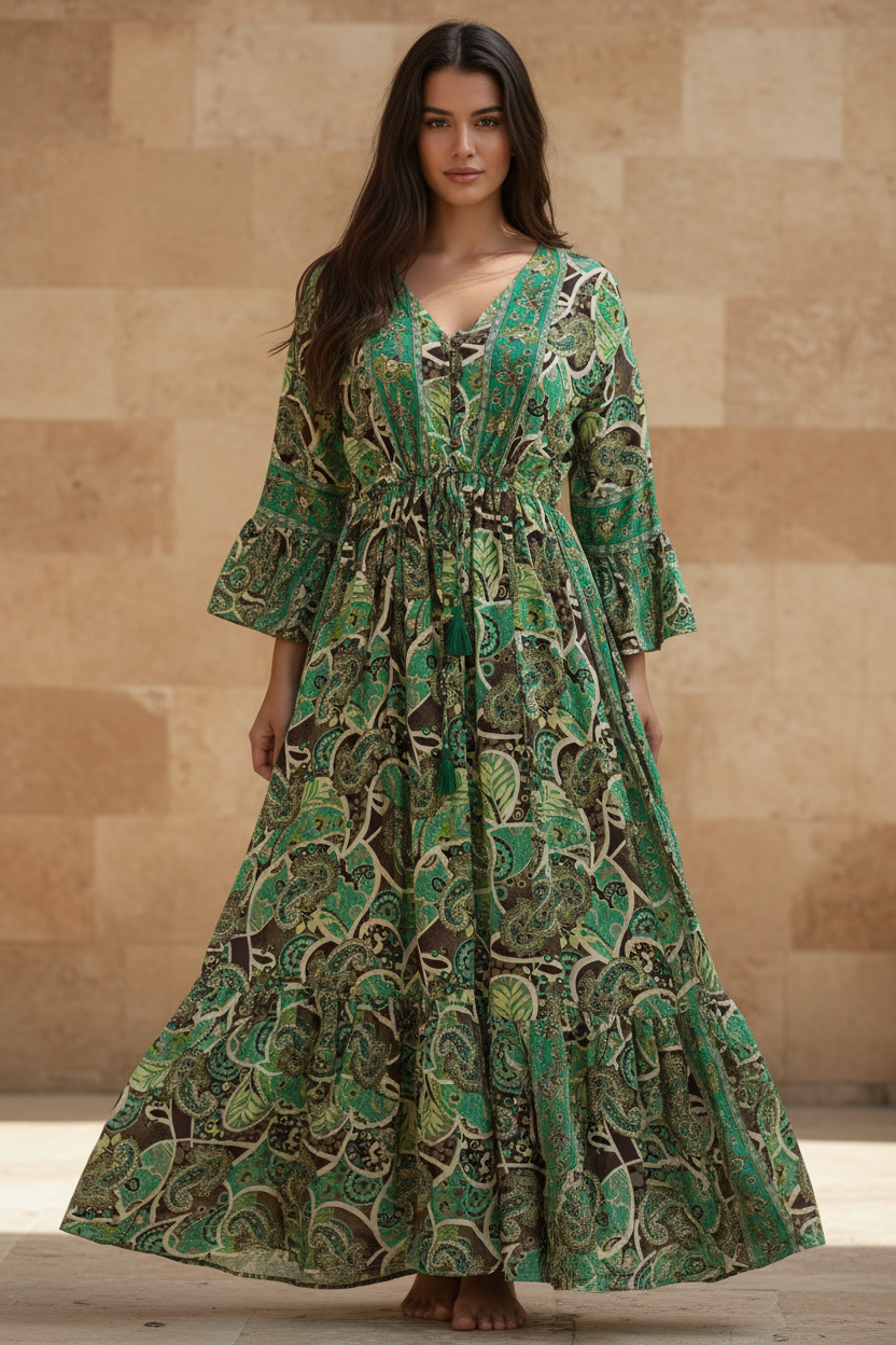 Boho Maxi Kleid Grün Türkis Paisley – Steinwand