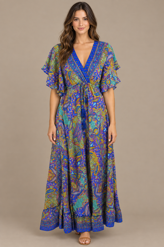 Boho Maxikleid Kobaltblau Türkis – Studio Vorderansicht