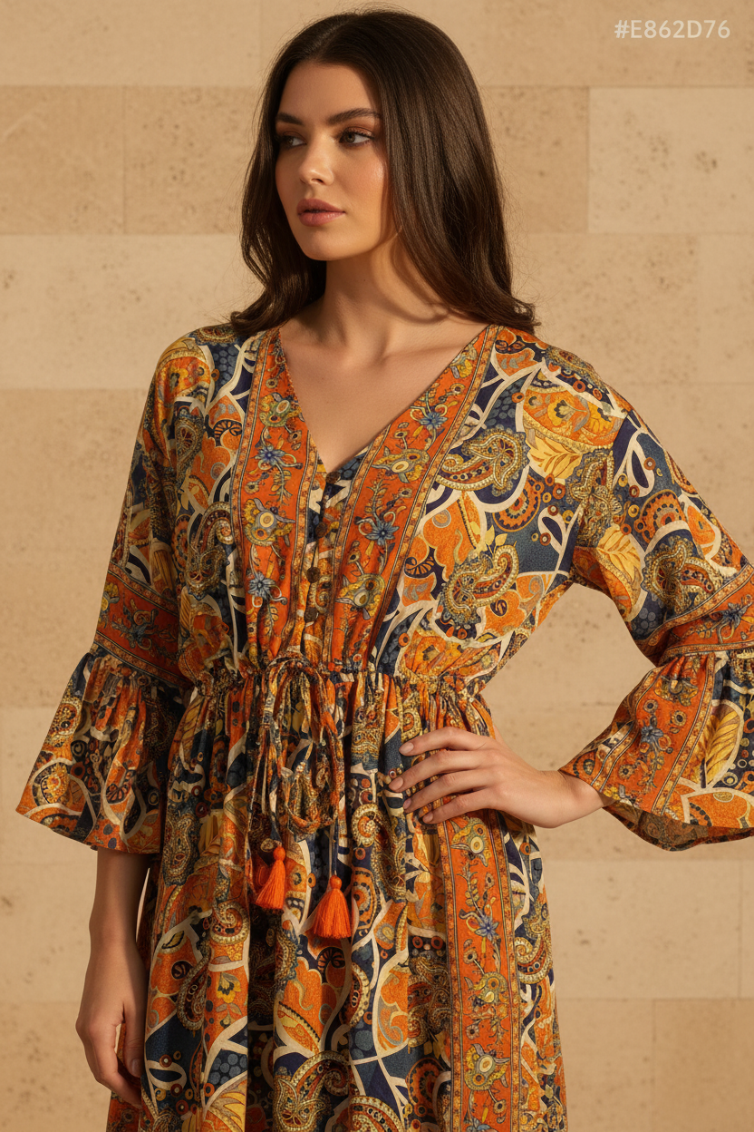 Boho Maxi Kleid Orange Marine Paisley – Detailbild Ausschnitt