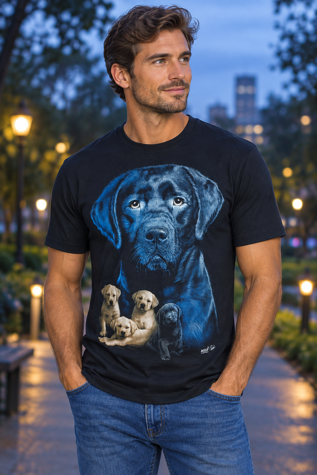 Model trägt das Black Labrador Family T-Shirt in einem urbanen Park
