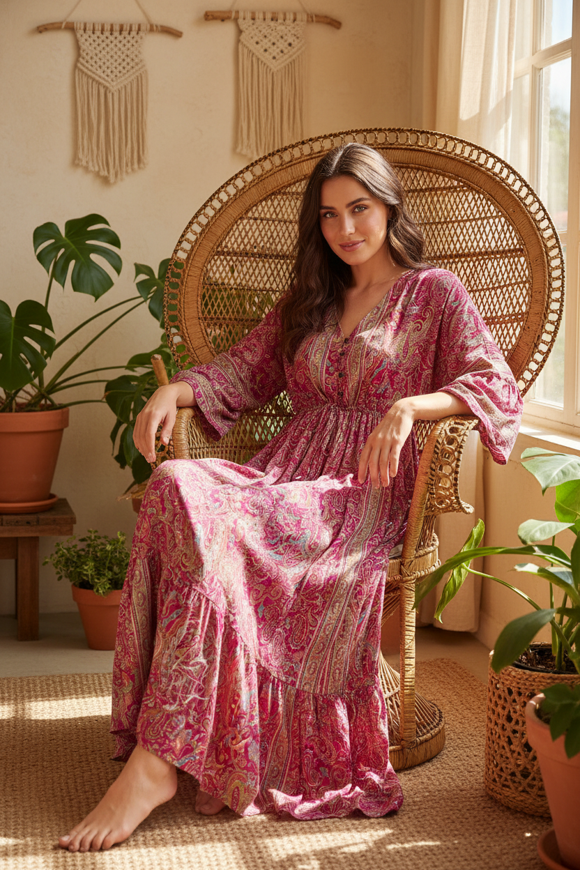 Boho Maxi Kleid Pink Paisley – Sitzbild Boho